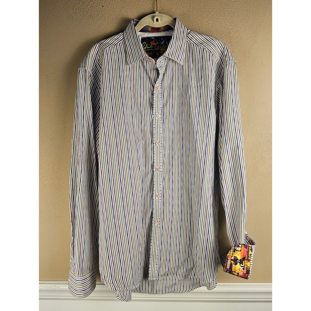 Robert Graham Mens Multi Stripe Long Sleeve Button Down Flip Cuff Shirt Large